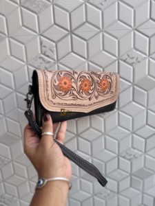 Custom New Designer 2026 Hand <b>Tooled</b> Carving <b>Leather</b> Clutch Stylish Hair On Hide Multi Uses Western Women's Wrist Wallets - Product Image 2