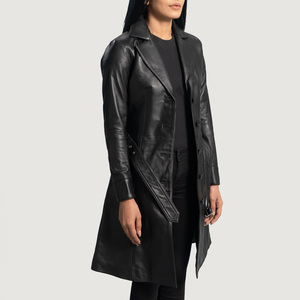 2026 New Ladies Double Breasted Lamb Leather Windbreak Long Coat with Waistband Women Leather Coat for Girls - Product Image 4