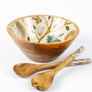Juego de Ensaladera Grande de Madera de Mango Hecha a Mano con Cucharas de Esmalte a Cuadros Azules a Juego, Tazón Redondo para Servir Pasta y Bocadillos - Product Image 6