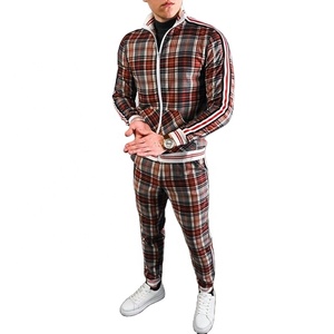 Urban Men's Check Print Sublimated Bomber <b>Jacket</b> Track Suit With Zip Enclosure Ribbed Hem & Cuffs Side Stripe Zipper Sweat Suit - Product Image 2