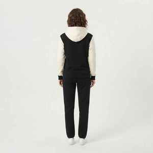 <b>Women's</b> 2-Piece <b>Fleece</b> Tracksuit Set Hooded Long Sleeve Solid Color Casual Wear <b>Black</b> and Cream Full Length Regular Fit - Product Image 3