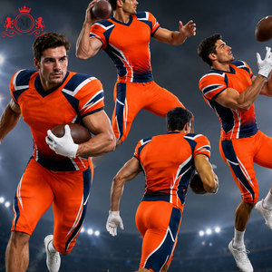 Tenue de football américain personnalisée pour homme, maillot et pantalon orange et bleu en sublimation, respirant, 100 % polyester, vêtements de sport pour adulte, broderie - Product Image 6