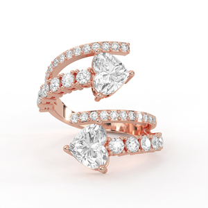 14K 18K Gold <b>Two</b> <b>Stone</b> Heart Cut Lab Grown Diamond Bypass <b>Ring</b> Contemporary Crossover Pave Accent Solitaire Engagement Band - Product Image 2