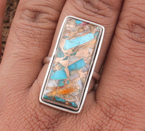 Bague rectangulaire en turquoise cuivrée naturelle de haute qualité, argent sterling 925, bijoux géométriques bohèmes en pierres précieuses pour femmes - Product Image 1
