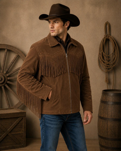 Men's <b>western</b> Brown Fringe <b>Jacket</b> With Turn-down Collar Regular Fit Autumn Wear Vintage Style - Product Image 2