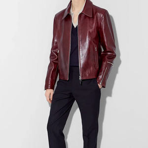 Chaqueta de Motociclista de Cuero para Hombre, Cuello Camisero, Cierre de Cremallera, Corte Ajustado, Largo Regular - Product Image 1
