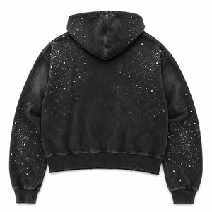 Sudadera con capucha personalizada de gran tamaño con pedrería, 100% algodón, tela suave, con cremallera, estilo moderno, diseño de patchwork desgastado, unisex. - Product Image 2