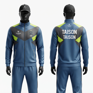 <b>Cricket</b> Training Suit Men 220 GSM Premium Polyester Interlock Green <b>White</b> Panel Design Custom Logo Zipper Tracksuit - Product Image 2