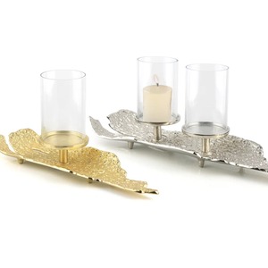 Gold Textured Rectangular Double <b>Candle</b> Holder <b>Tray</b> Metal Decorative Stand With Acrylic Cylinders For Kitchen Dining Table Decor - Product Image 3