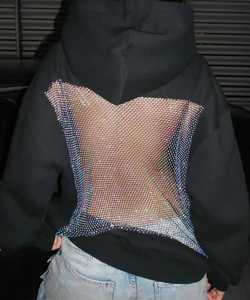 Sweat-shirt à capuche noir surdimensionné pour femme avec panneau arrière en maille orné de strass, sweat-shirt décontracté à manches longues style streetwear - Product Image 3
