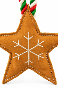 Jouet à mâcher pour chien en suède étoile de Noël, étoile en feutre marron avec motif flocon de neige et poignée en corde rouge, verte et blanche pour le jeu festif des animaux de compagnie - Product Image 3