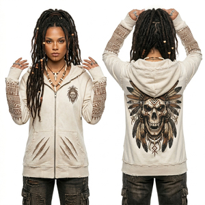 Sudadera con capucha multicolor de 350GSM con efecto tie-dye en espiral para mujer, con logo Trident en el pecho, estampado de calavera de pez león en la espalda y mangas con efecto desgastado. - Product Image 4