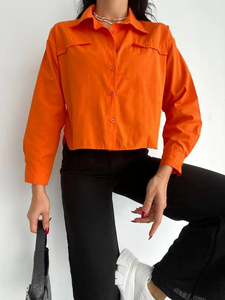 Chemisier court chic en coton pour femme, style vintage, manches longues, boutonné, simple, respirant, noir, printemps-été, décontracté - Product Image 6