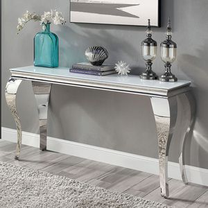 Tavolo Console Contemporaneo Glamour con Piano in Vetro Bianco e Gambe in Acciaio Inox Stile Cabriole per Soggiorno, Colore Argento - Product Image 1