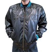Blouson Bomber en Satin Personnalisé avec Logo OEM, Veste Universitaire Homme Style College, Col et Poignets Rayés Bleus, Léger, Vente en Gros