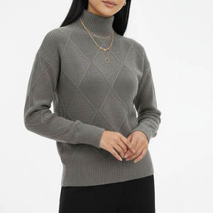 Women's Gray <b>Argyle</b> Crew Neck sweatshirt Turtleneck Knitted <b>Sweater</b> Full Sleeve Casual Autumn Wear Anti-Pilling 100% Acrylic - Product Image 3