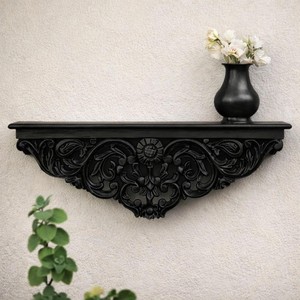 Aqdus Saleem AS-REEQ Black Cast Iron Traditional Ornate Wall Shelf | Carved Decorative <b>Shelving</b> 75x30x25 cm | Eco-friendly - Product Image 1