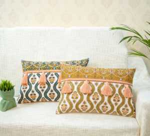 Colorful Ethnic <b>Throw</b> Pillows with Floral Block Print Designs and <b>Tassel</b> Detailing for Boho Home Decor - Product Image 4