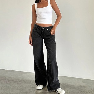 Autumn Street Women's Retro American <b>Jeans</b> Low Waist Non-Stretch Breathable Denim Washed Straight Leg Casual Wide Leg Design - Product Image 2