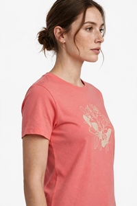 Women's Coral Pink Floral Print Crew Neck <b>T</b>-<b>Shirt</b> Regular Fit Short Sleeve 100% Cotton Casual Spring Summer Jersey Knit OD INDUS - Product Image 3
