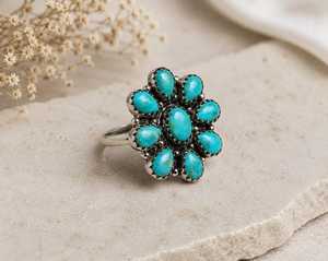 Anillo de Plata de Ley 925 con Turquesa Natural en Forma de Flor, Hecho a Mano, Estilo Bohemio, Joyería de Moda para Mujer - Product Image 1