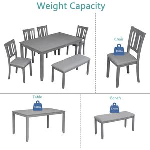 Juego de Comedor de 6 Piezas, Mesa Rectangular de Madera con 4 Sillas Tapizadas y Banco para 6 Personas, Elegante Juego de Comedor - Product Image 5