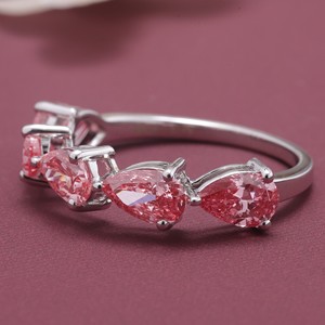 IGI Certified Three Stone <b>Pink</b> Diamond Band <b>Ring</b> with Prong Setting and Claw Setting Pear Cuts Rhodium Plated 18K Gold - Product Image 2