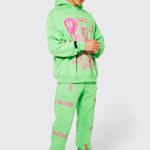 Men Green Hooded <b>Tracksuit</b> Full Length <b>Pink</b> Skull Print Streetwear Style Sweatshirt and Sweatpants <b>Set</b> with Side Pockets - Product Image 5