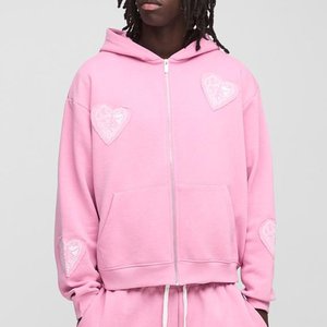 Men's <b>Pink</b> Heart Applique Hooded <b>Tracksuit</b> Set Full Sleeve Zipper Casual Joggers With Side Pockets Loose Fit Adult Spring Wear - Product Image 3