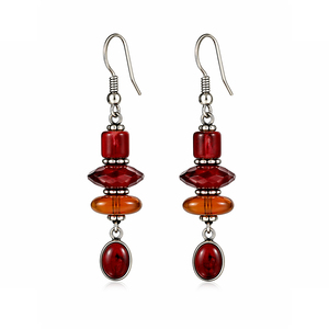 Natural <b>Red</b> Jasper & Amber Glass Multi-Bead Drop <b>Earrings</b> Handmade Silver Dangle <b>Earrings</b> For Women Wear Jewelry - Product Image 1