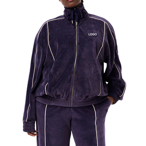 Women's Dark Blue <b>Velour</b> Eco-Friendly Fleece Hooded <b>Tracksuit</b> Full Sleeve Drawstring Side Pockets Solid Color Sporty Winter - Product Image 5