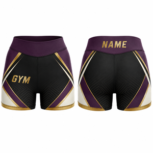 Shorts Deportivos de Cintura Alta para Mujer, Diseño Geométrico, Estampado por Sublimación, Morado, Negro, Dorado, Transpirables, Spandex, Poliéster - Product Image 1