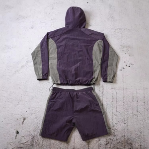 Men's Purple Green Color Block Hooded Zip-Up Jacket and Shorts <b>Set</b> Sporty Quick Dry <b>Knitted</b> Polyester Summer Wear - Product Image 2