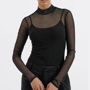 Camiseta de malla transpirable de verano para mujer, informal, con cuello simulado alto, manga larga, transparente, de rejilla, estilo camiseta de malla transparente. - Product Image 3