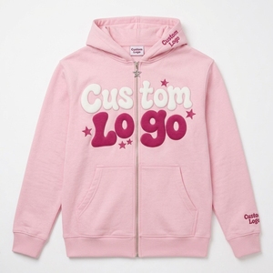 Heavyweight Custom Regular Fit <b>Men's</b> <b>Pink</b> Zip <b>Hoodie</b> 100% Cotton Puffy 3D Letter Print Star Streetwear Trendy Design Fashion - Product Image 2