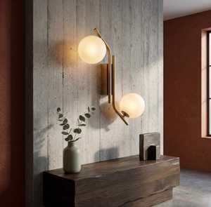 Applique murale moderne en laiton avec deux abat-jour ronds, bras courbé, luminaire mural d'intérieur pour salon - Product Image 3