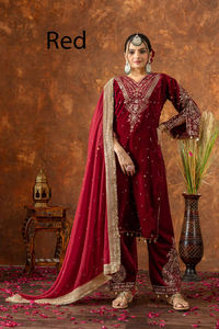 Robe Salwar Kameez en velours de haute qualité pour femme, design modeste, avec haut en viscose et palazzo en georgette, prête à porter - Product Image 2