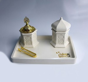 Juego de incensario de cerámica de lujo para decoración islámica del hogar, bandeja de regalo para Ramadán, quemador de incienso de cerámica blanca, diseño arquitectónico de mezquita. - Product Image 1