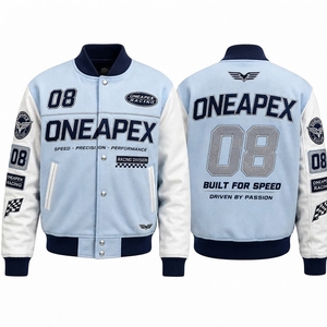 เสื้อแจ็คเก็ตผู้ชายสีฟ้าอ่อนขาว แขนหนัง สไตล์ Letterman Bomber สำหรับแข่งรถ แนวสตรีทแวร์ รับผลิตตามสั่ง ขายส่ง - Product Image 1