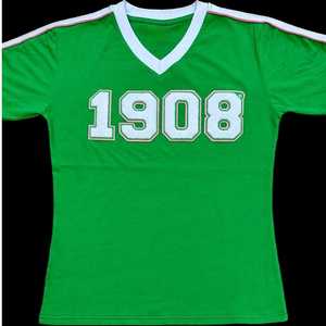 Camiseta Premium de Chenilla con Cuello en V para Mujer, Bordado de Letras Griegas, Ribete en Contraste, Top Casual de Alta Calidad para Verano - Product Image 1