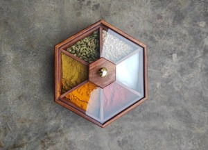 Handmade Wooden <b>Spice</b> Box, Indian Masala Dabba With 7 Compartments <b>Spice</b> Box: Hexagonal Wooden Serving <b>Tray</b> with Glass Lid - Product Image 5