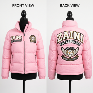 120 GSM Premium Polyester Pongee Women Puffer <b>Jacket</b> Light <b>Pink</b> Quilted Panel Custom Chenille Embroidery Patch OEM ODM - Product Image 1