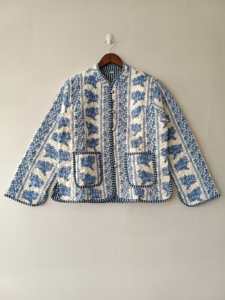 Reversible <b>Quilted</b> <b>Jacket</b>: Hand Block Print Lurex Cotton, Floral Partywear - Product Image 1