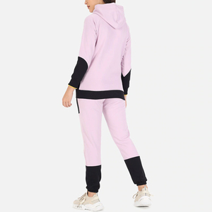 Women's <b>Pink</b> Color Blocking Hooded <b>Tracksuit</b> Set Full Sleeve Ankle-Length Pants With Side Pockets Breathable Casual Wear - Product Image 3