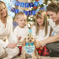 Kit de Décorations Personnalisées Bleues en Polyester pour Anniversaire d'Animal de Compagnie – Comprend Chapeau, Couronne, Bandana et Ballons pour Fête de Chien Été Hiver