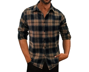 Chemise décontractée à manches longues pour homme, en flanelle à carreaux 100% coton brossé, col rabattu, boutonnée - Product Image 1