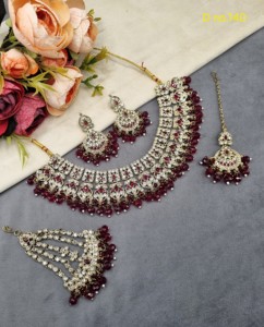 Indian Bridal <b>Jewelry</b> Set CZ Stone Necklace With Earrings Mang Tika & Pasa <b>Pakistani</b> Wedding Dulhan Crystal Beaded Jewellery Set - Product Image 2