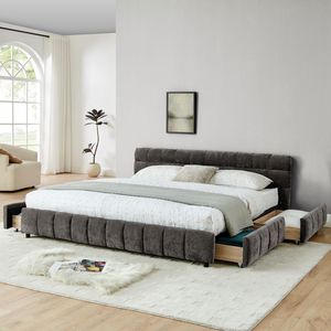<b>King</b> <b>Size</b> Chenille Fabric Upholstered <b>Bed</b> <b>with</b> Solid Headboard and <b>Drawer</b> Comfortable <b>Bed</b> <b>Frame</b> - Product Image 3