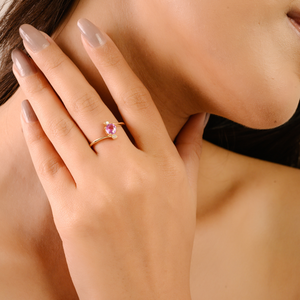 Anillo de Oro Amarillo Sólido K14 con Zafiro Rosa y Diamantes de Corte Redondo de Primera Calidad, Joyería Minimalista para Mujer - Product Image 4