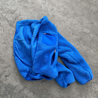 Veste en polaire sherpa de luxe, personnalisée, bleu, avec logo en fourrure peluche sur le devant, fermeture éclair, vêtement d'extérieur tendance pour l'hiver